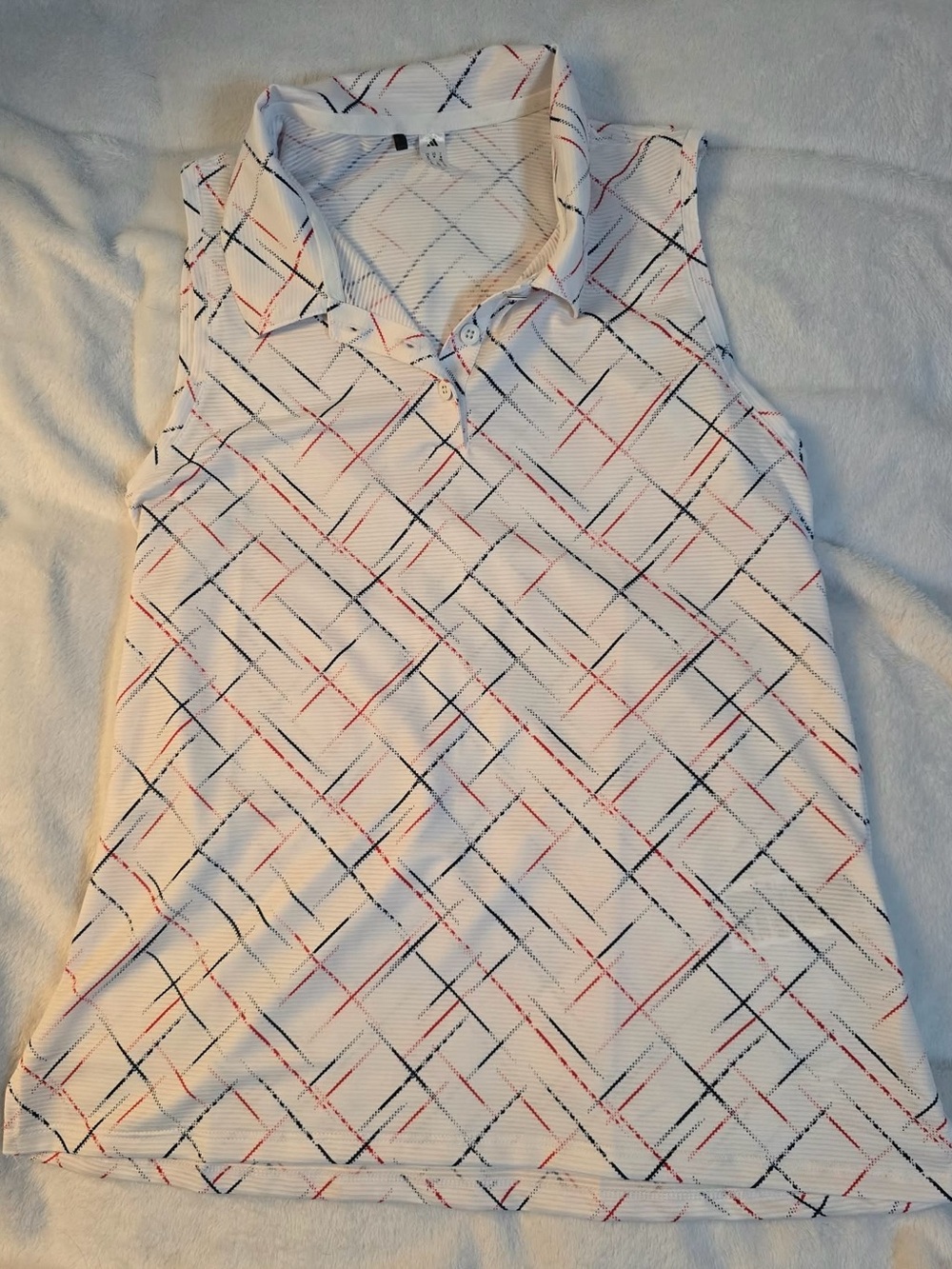 adidas White Sleeveless Polo with Red & Navy Grid